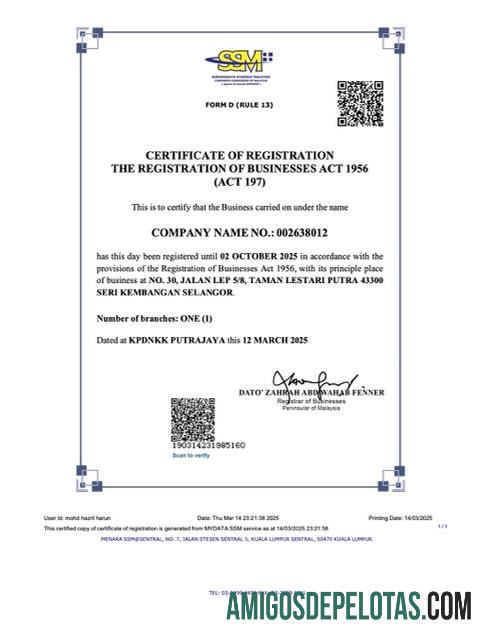 Certificado de registro da Malásia para impressão, modelo Word e PDF